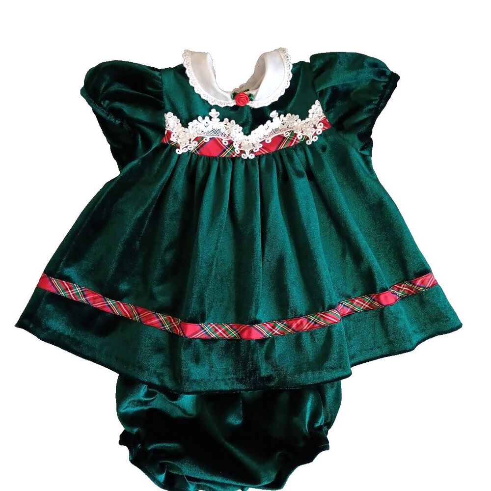 Rare Additions Green Velvet Holiday Dress 9 Months With Bloomers Party Festive
